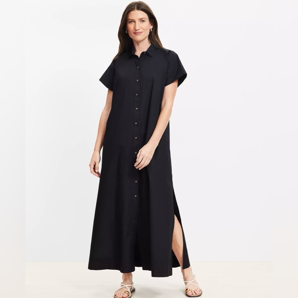 LOFT Black Short-Sleeve Button-Front Maxi Dress